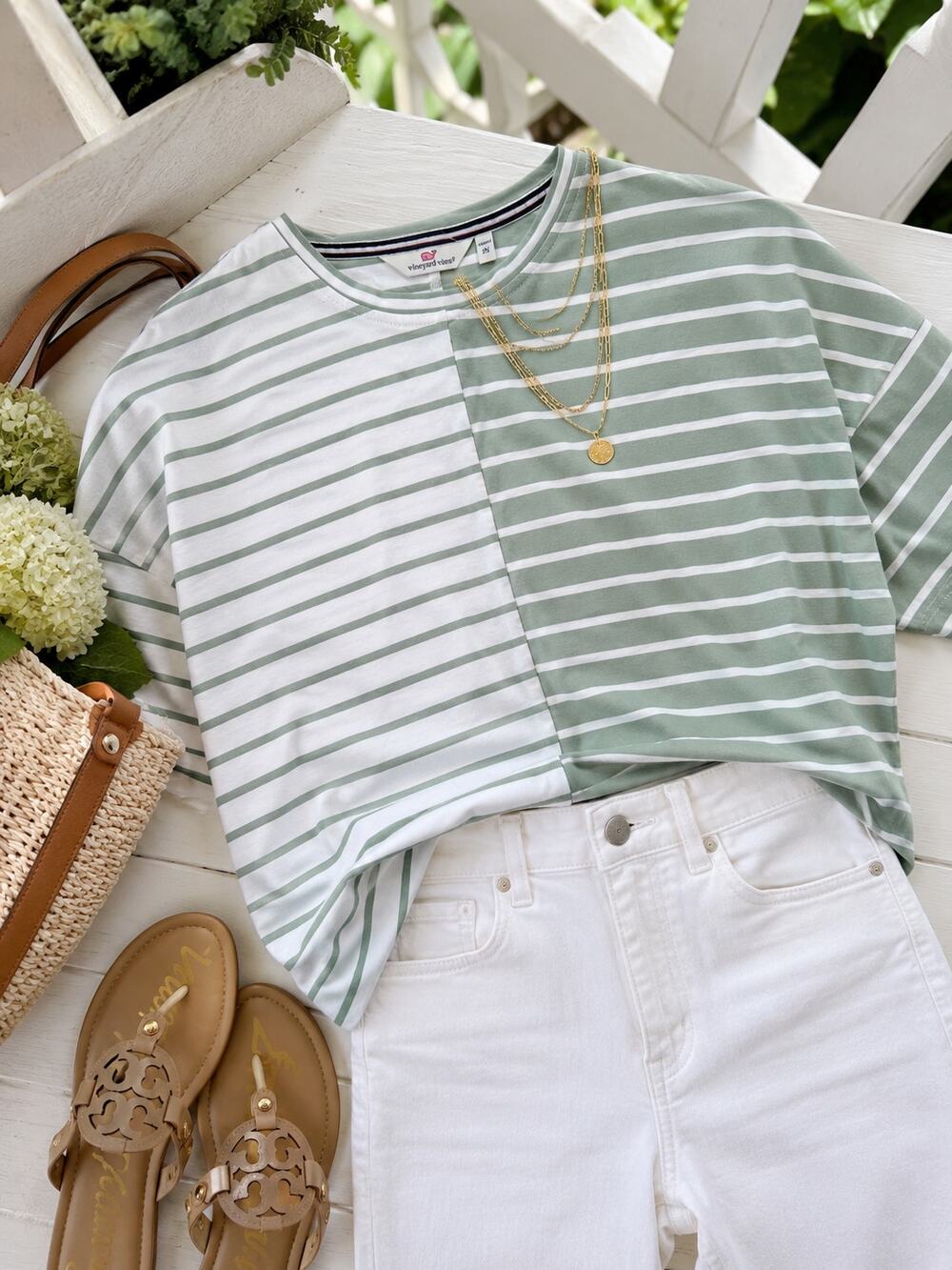 Vineyard Vines Striped Dolman Sleeve Top Sage Green White XS